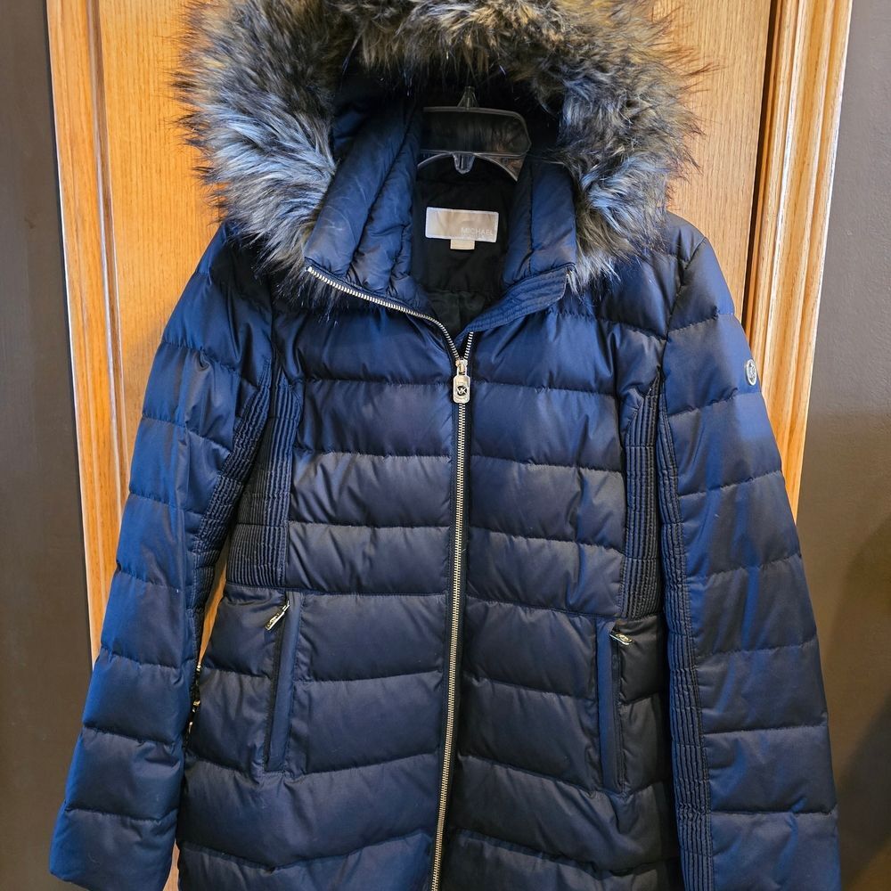 Michael Kors Black Puffer Coat with Faux Fur Trim